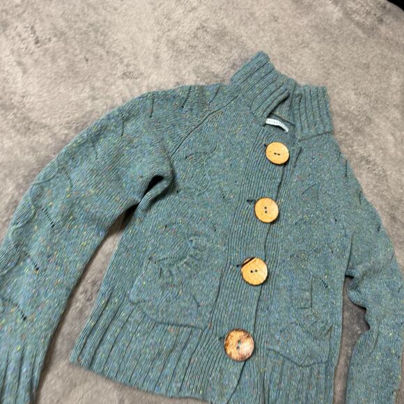 Lily McNeal Wool Cashmere Sweater Cardigan L Blue Chunky Knit Speckled Button Up - Picture 3 of 9